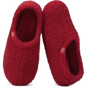 New HomeTop Womens Size 7/8 Red Fuzzy Curly Fur Memory Foam Loafer Slippers